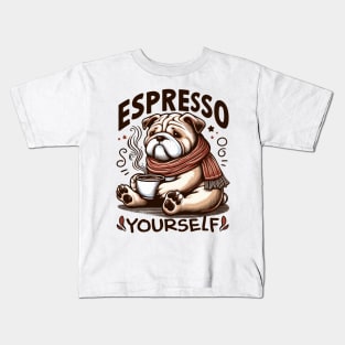 "Warm Espresso Bulldog - Cozy Coffee Humor" Kids T-Shirt